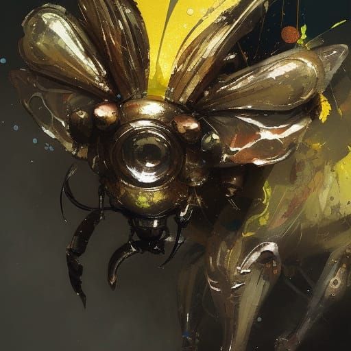 Clockwork Bee in Armor: A Sci-Fi Oil Painting