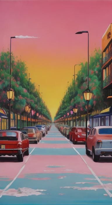 Surreal Parking Lot Overtakes Paradise: Expressionist Oil Pa...