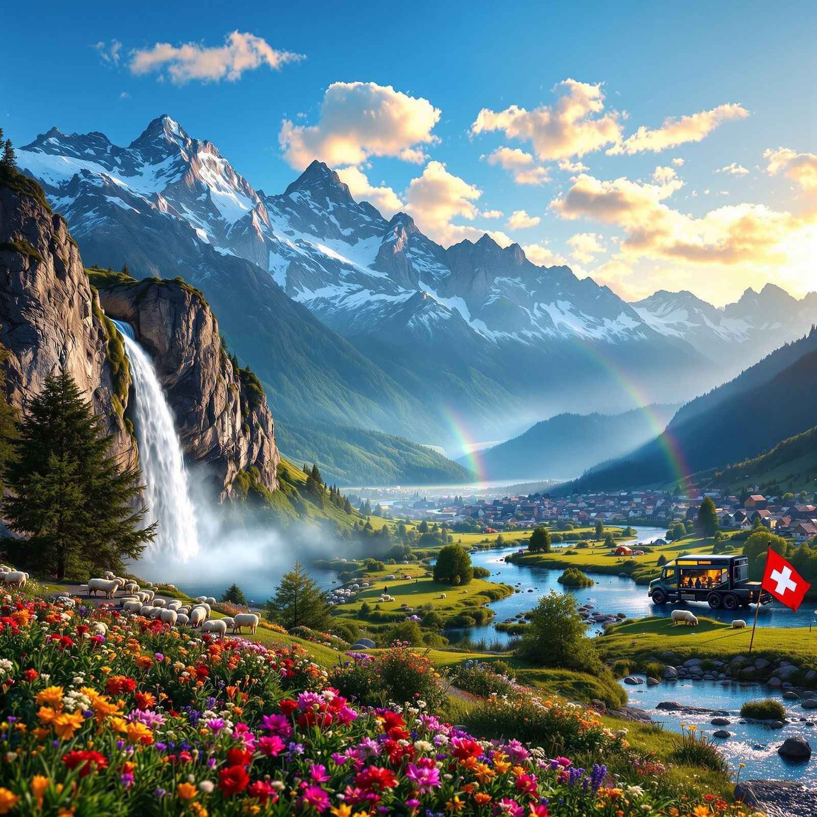 Majestic Swiss Alps Drone View with Waterfall and Camping Tr...