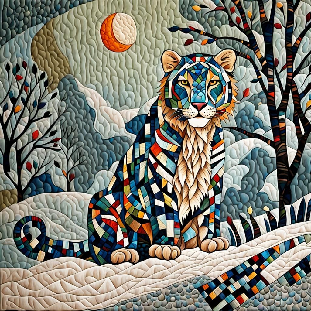 Abstract Patchwork Snow Leopard Quilt Art