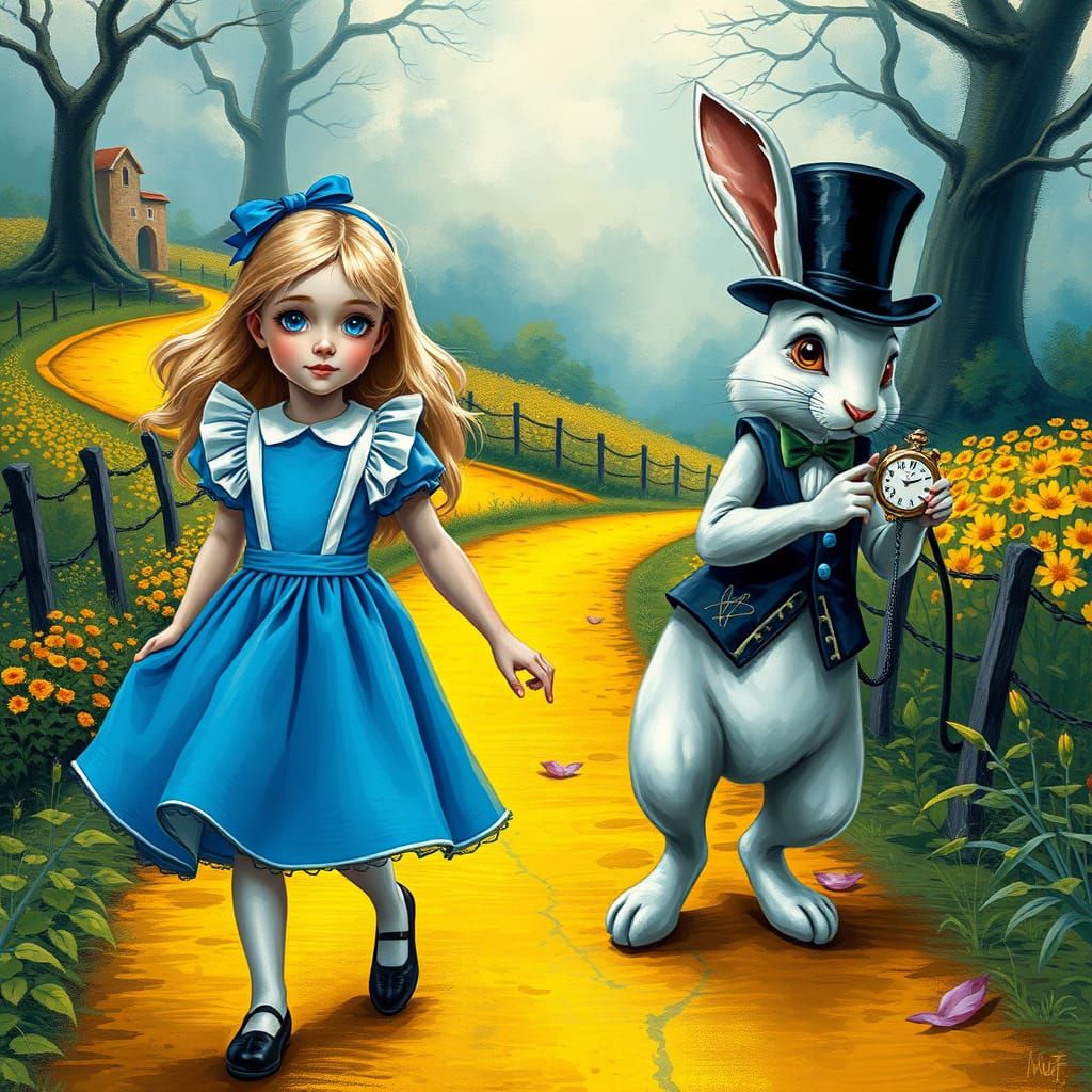Fantastical Alice in Wonderland Scene in Vibrant, Dynamic Ar...