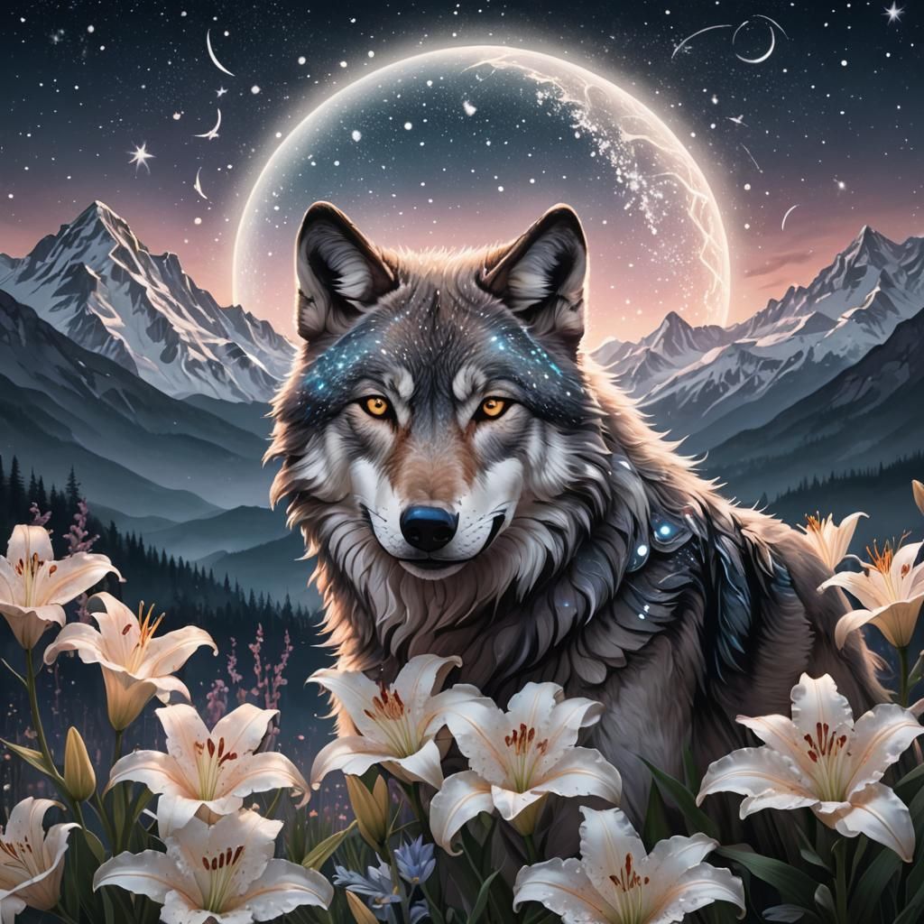Wolf and Lilies Mountain Dreamscape in Digital Matte Paintin...