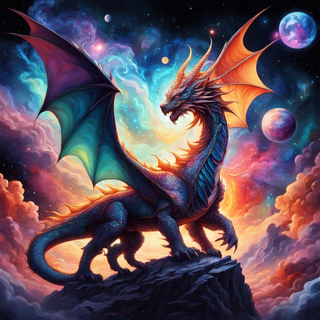 Spectral Dragon Soars Through Cosmic Nebula in Flat Manga St...