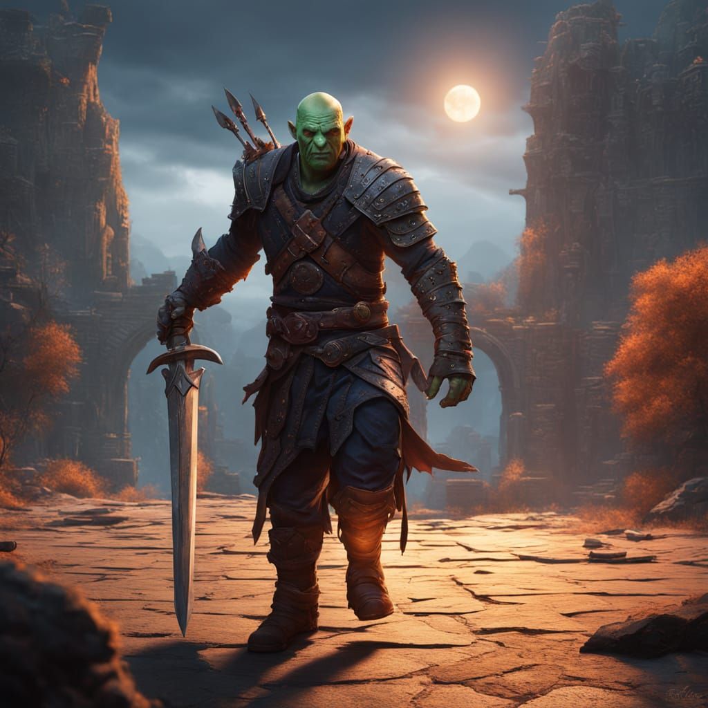Half-Orc Rogue with Mechanical Arm in Fantasy Art