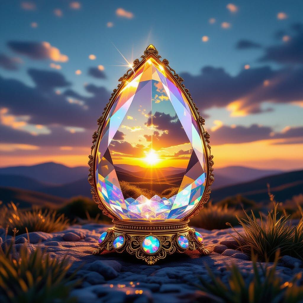 Sunset Landscape in Jewel Prism: Hyper-Realistic Digital Art