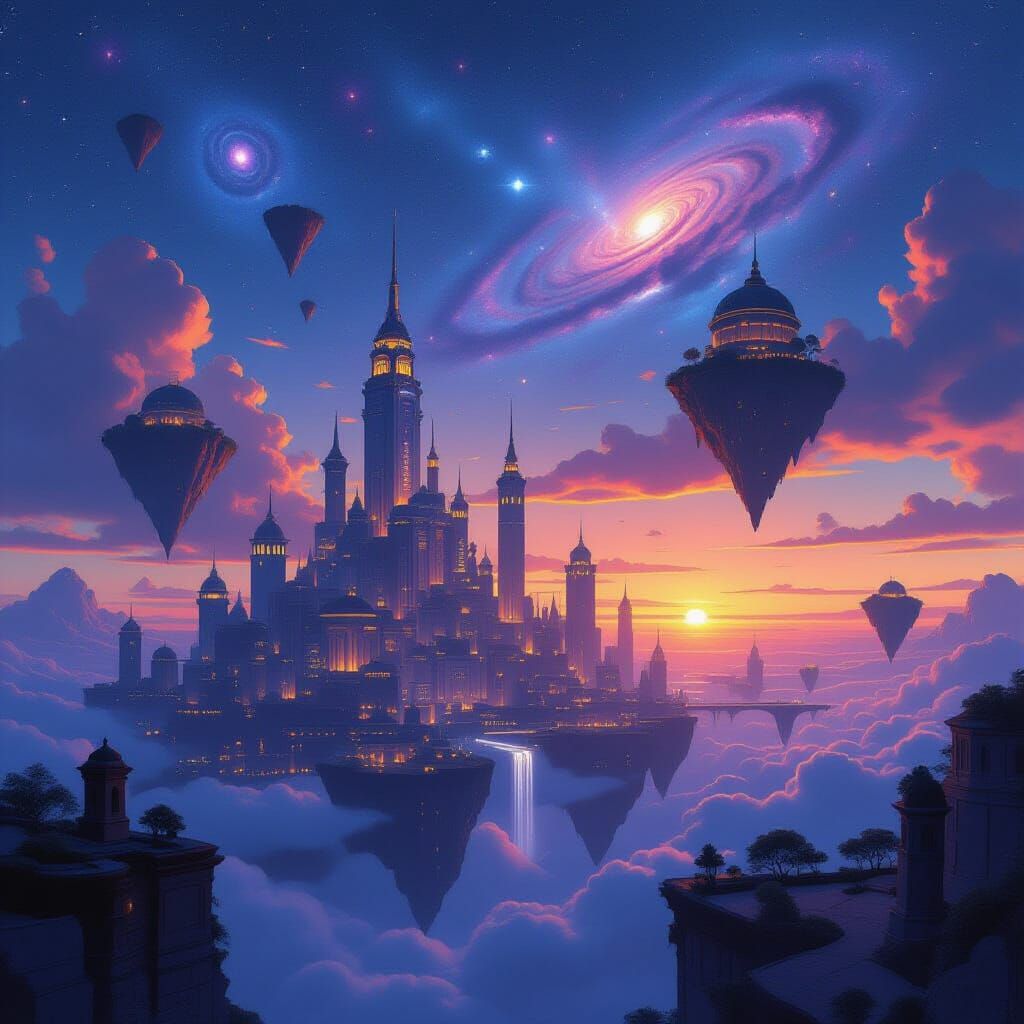 Surreal Twilight Cityscape with Floating Islands