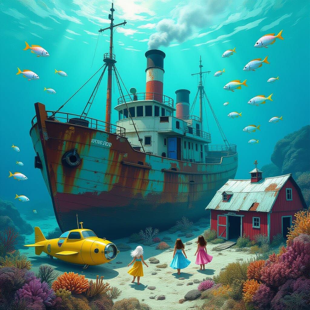 Whimsical Underwater Scene with Shipwreck and Merfolk