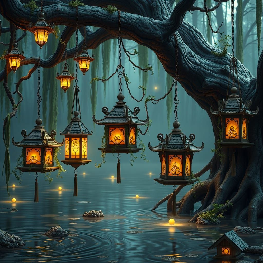 Ornate Birdhouses in Mystical Swamp, Matte Painting