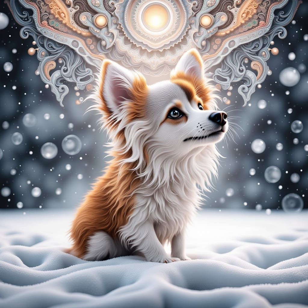 Serene Winter Scene with Loyal Small Dog
