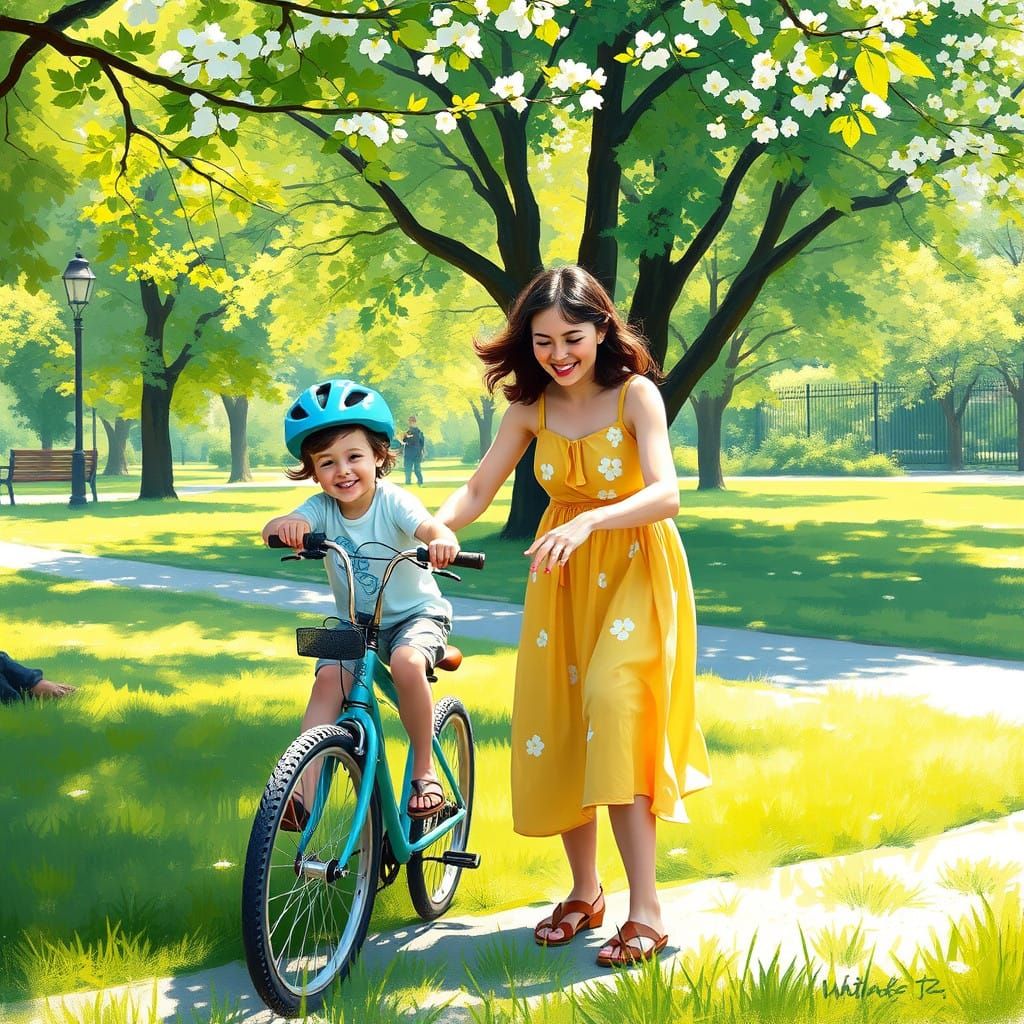 Mother Guides Child Learning to Ride Bicycle in Serene Park