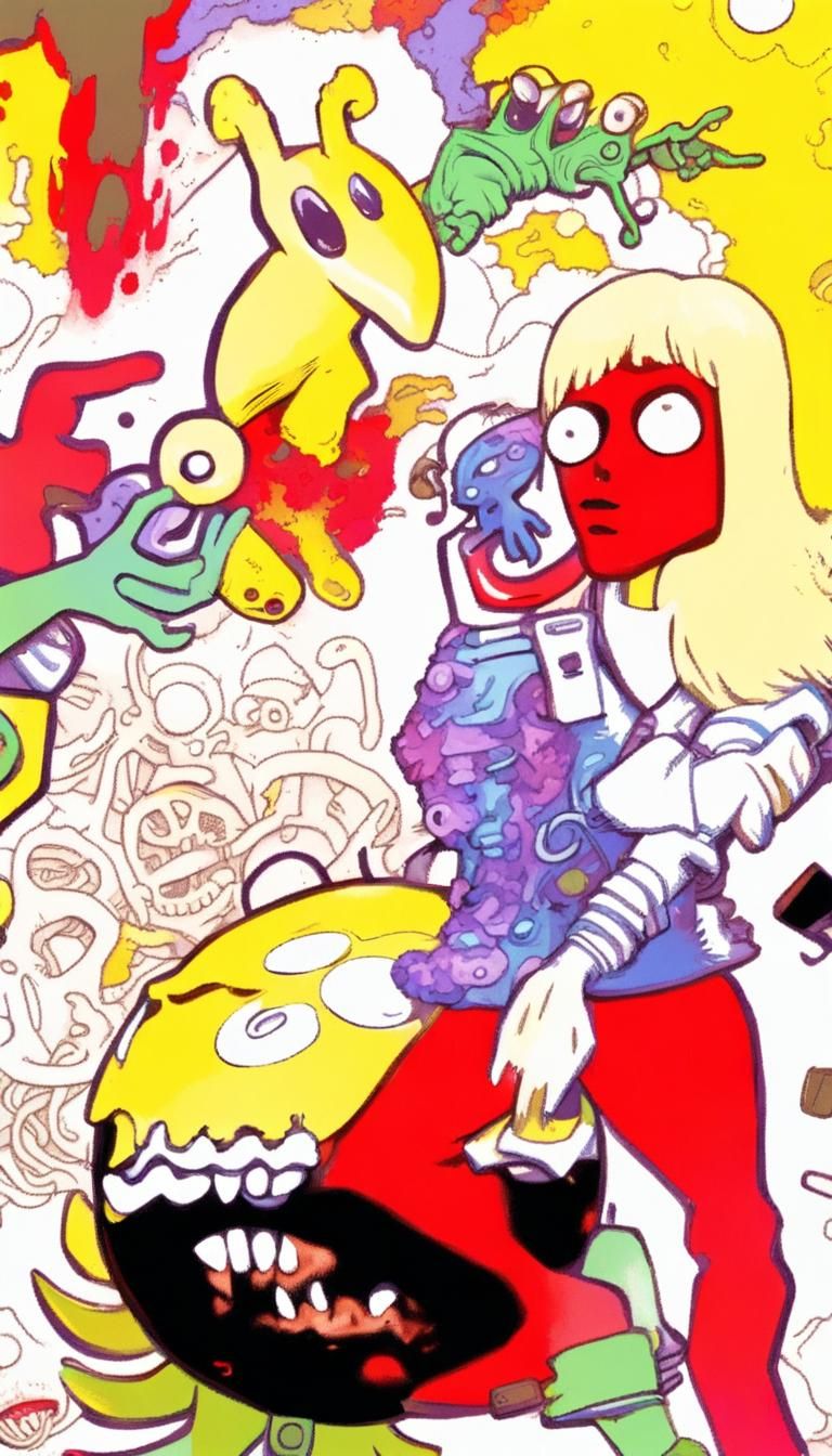 Blond Woman, Alien, and Psychedelic Skull