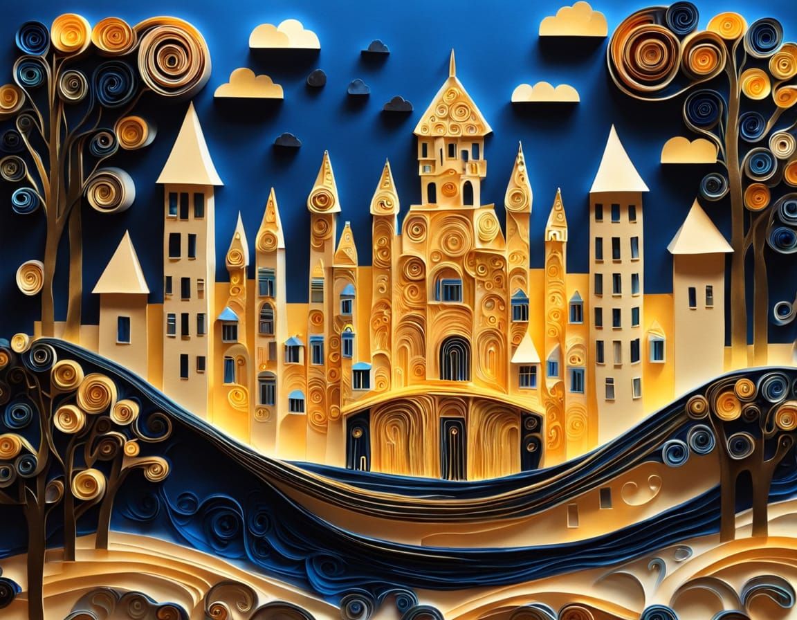 Golden Fortress Paper Quilling Kirigami in Klimt Style