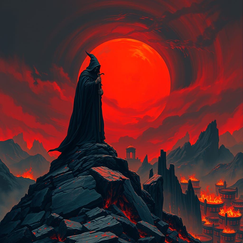 Dark Fantasy Planet Destruction in Munch-Inspired Style