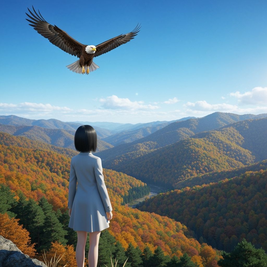 Girl on Mountaintop Watching Eagle in Autumn Valley