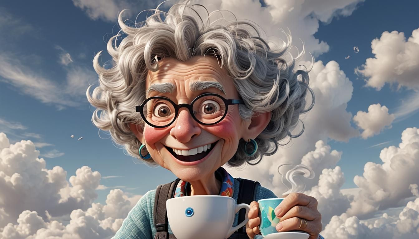 Grumpy Old Lady Enjoying Coffee: A Pixar-Style 3D Cartoon