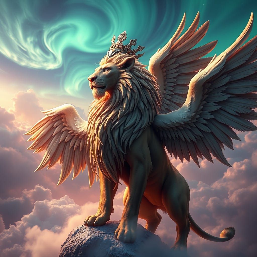 Majestic Lion-Angel Hybrid in Vibrant, Fantasy Landscape
