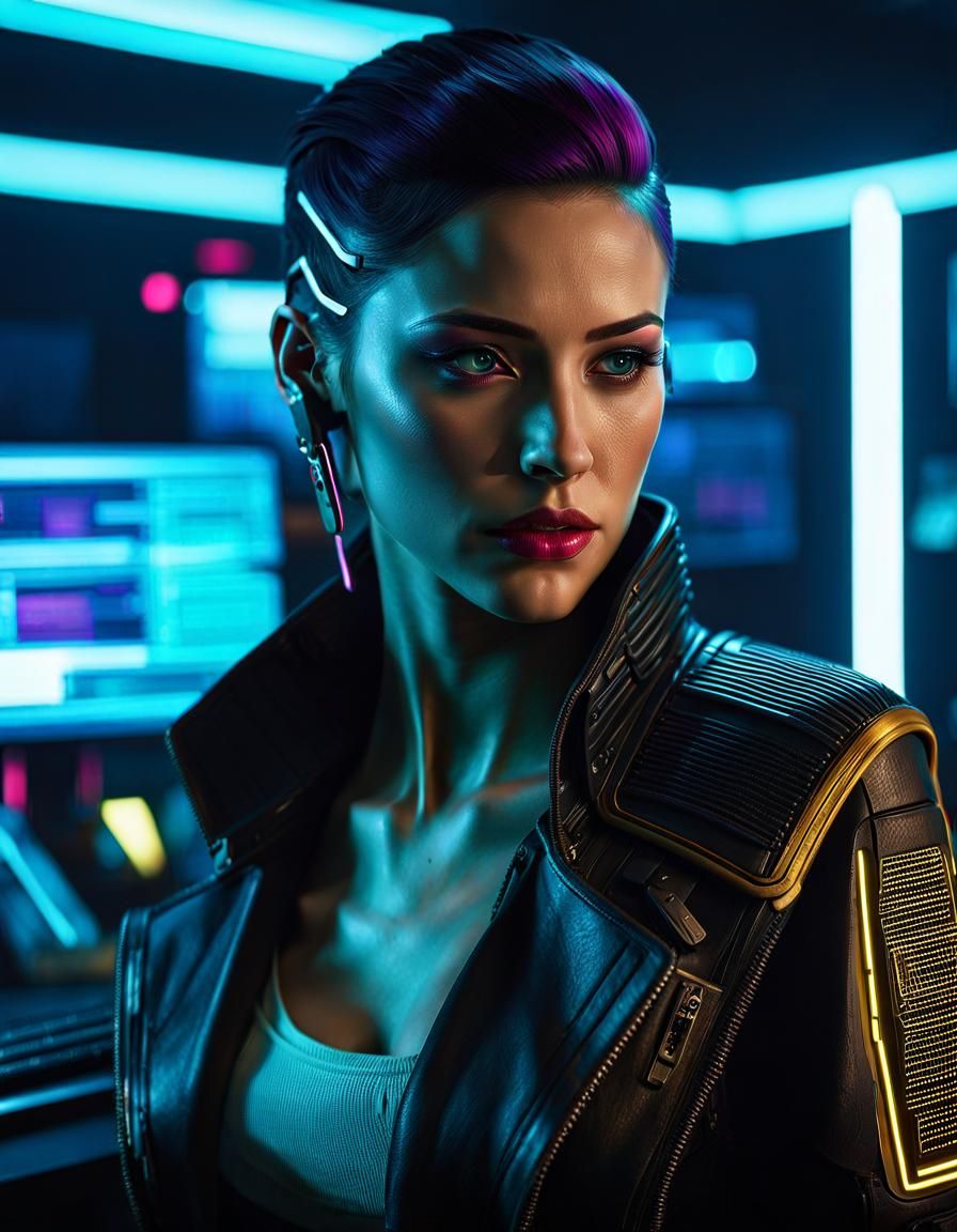 Cyberpunk Woman in Neon Office, Detailed Digital Art