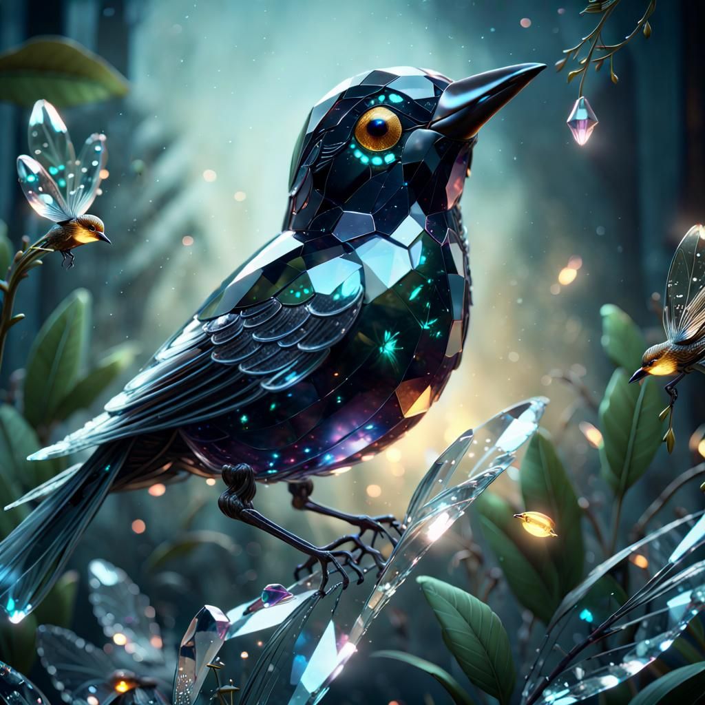 Elegant Crystal Bird with Glass Fireflies