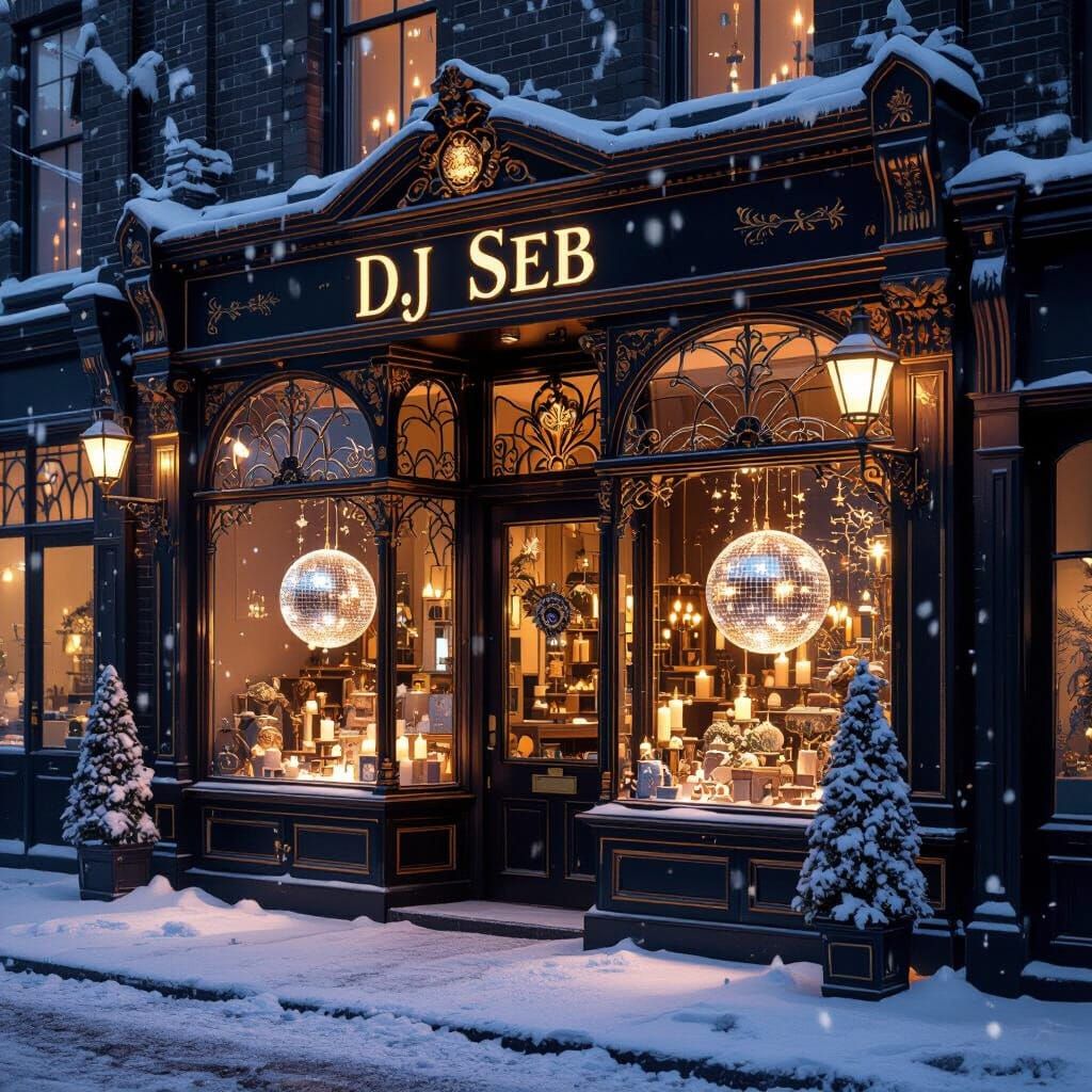 Victorian Shopfront with Glitterball in Snow
