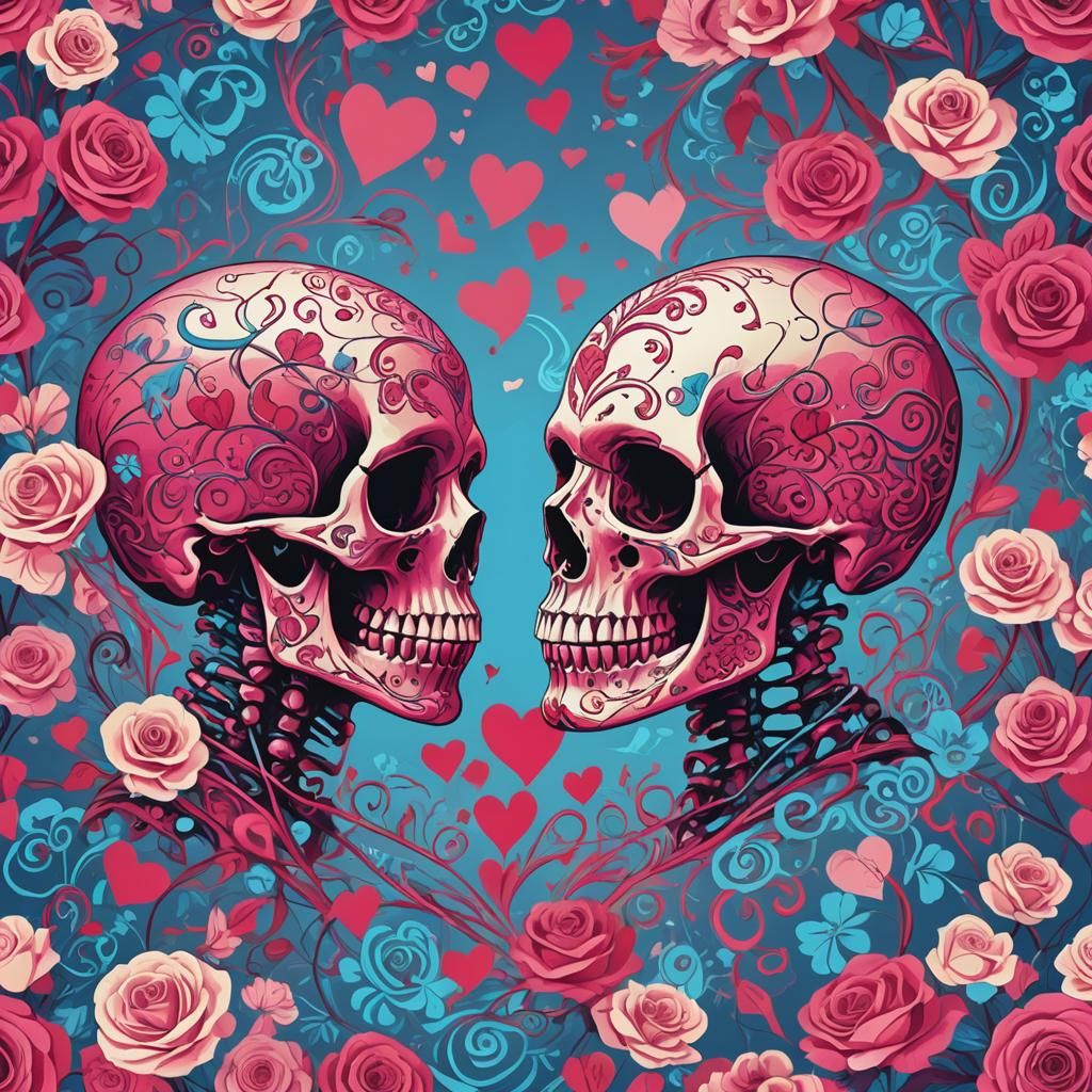 Skulls in Love: A Pop Art Valentine's Scene