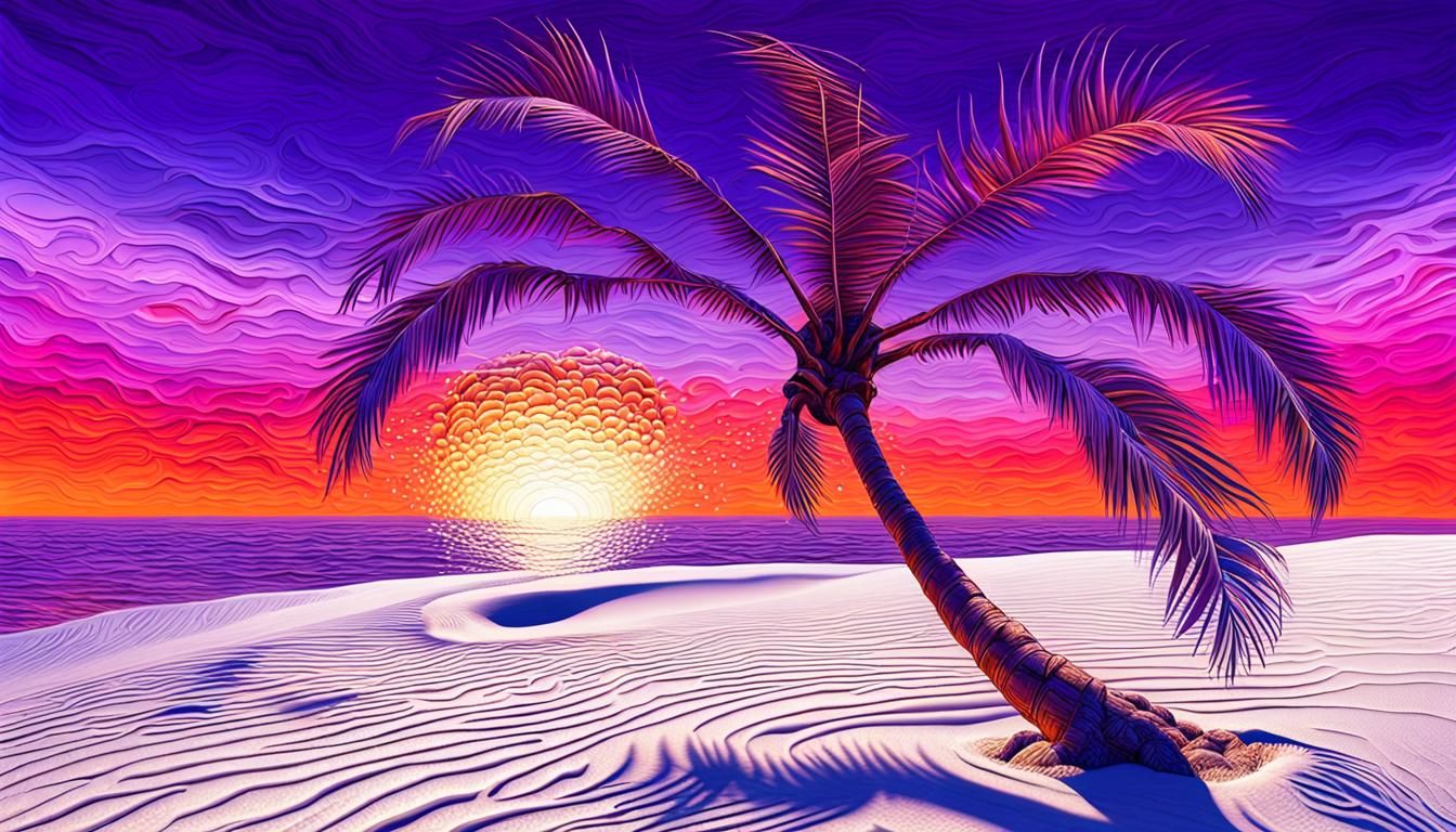 Embossed Metal Palm Tree at Sunset, Surreal Art