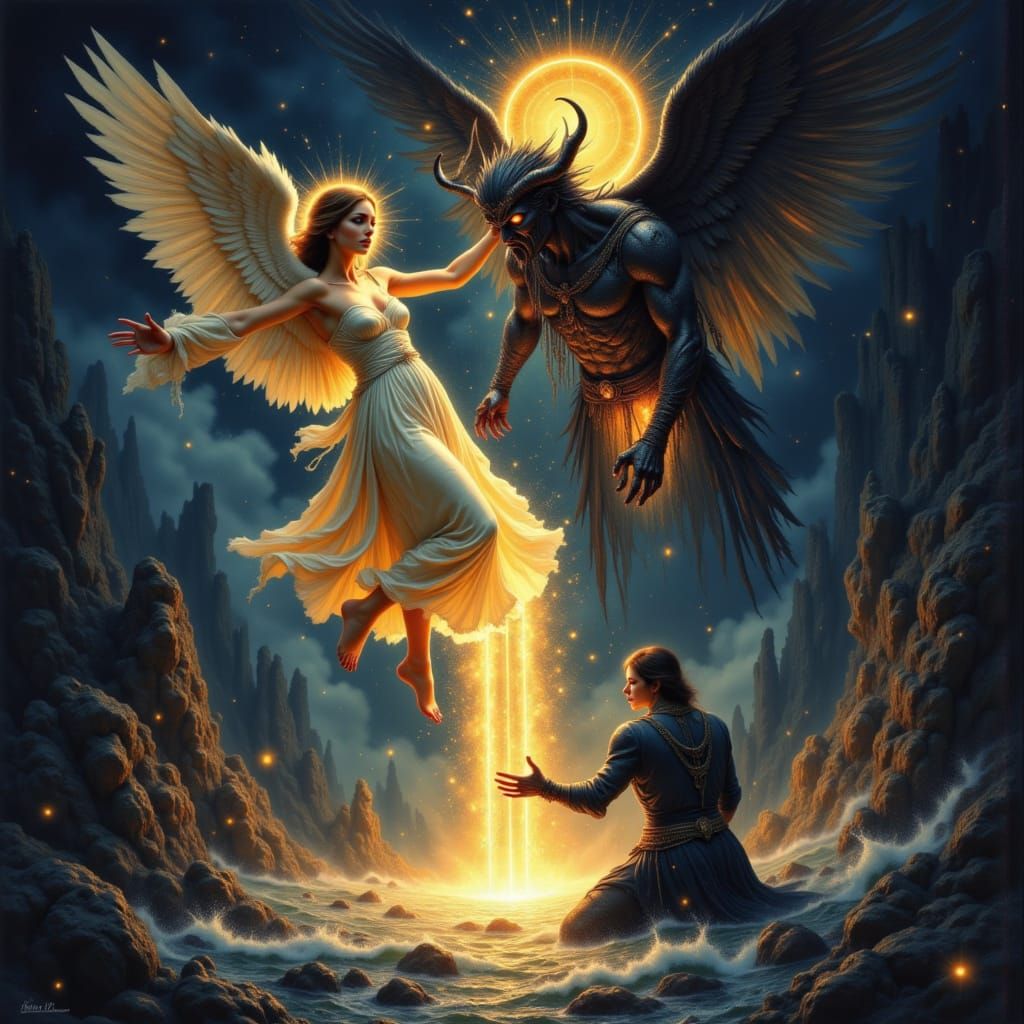 Angel Descends as Demon Emerges in Dramatic Illustration