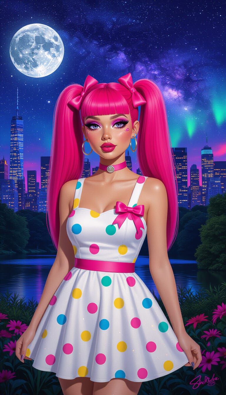 Psychedelic Cartoon Woman in a Surreal Starry Nightscape