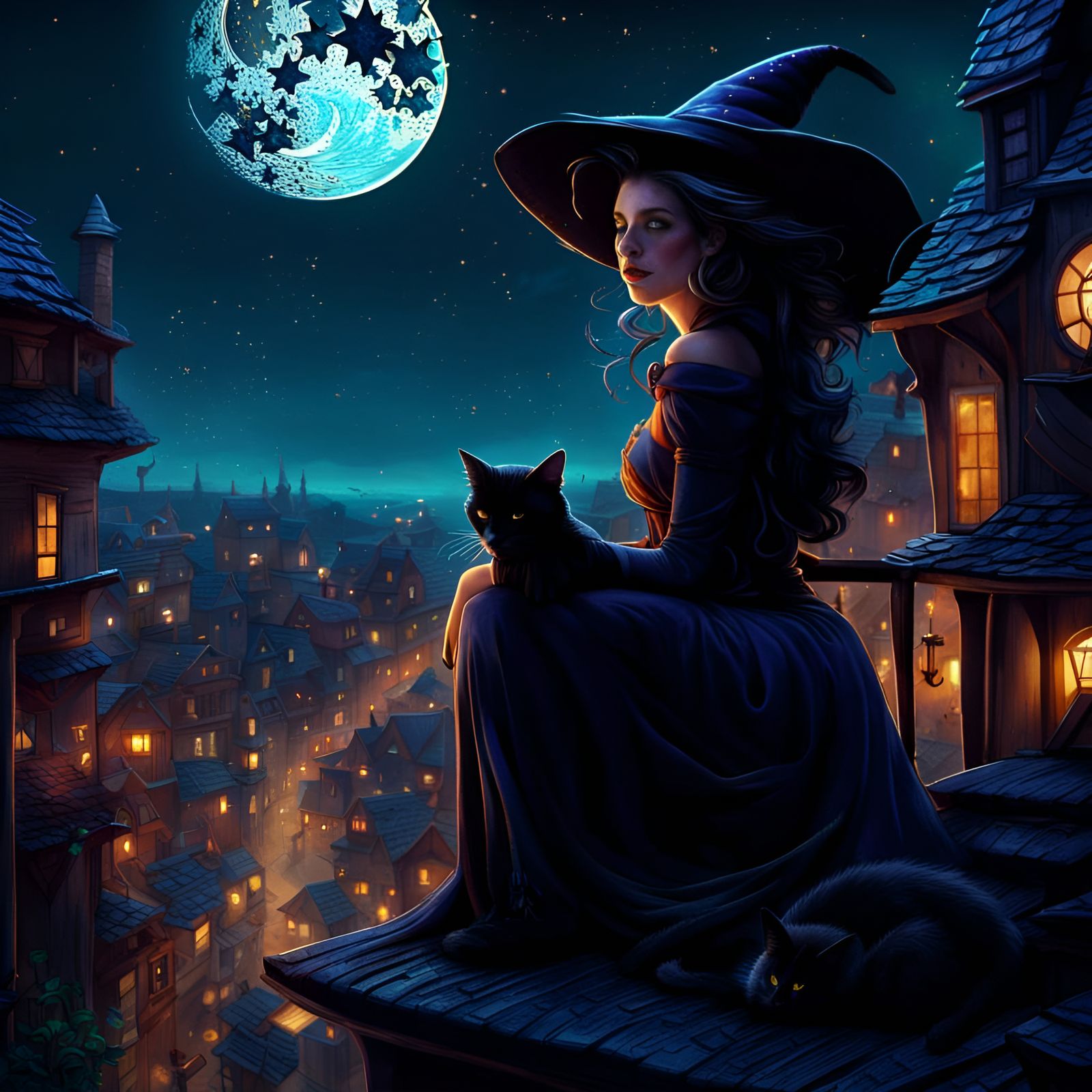 Enchanting Witch Scene Under Crescent Moon