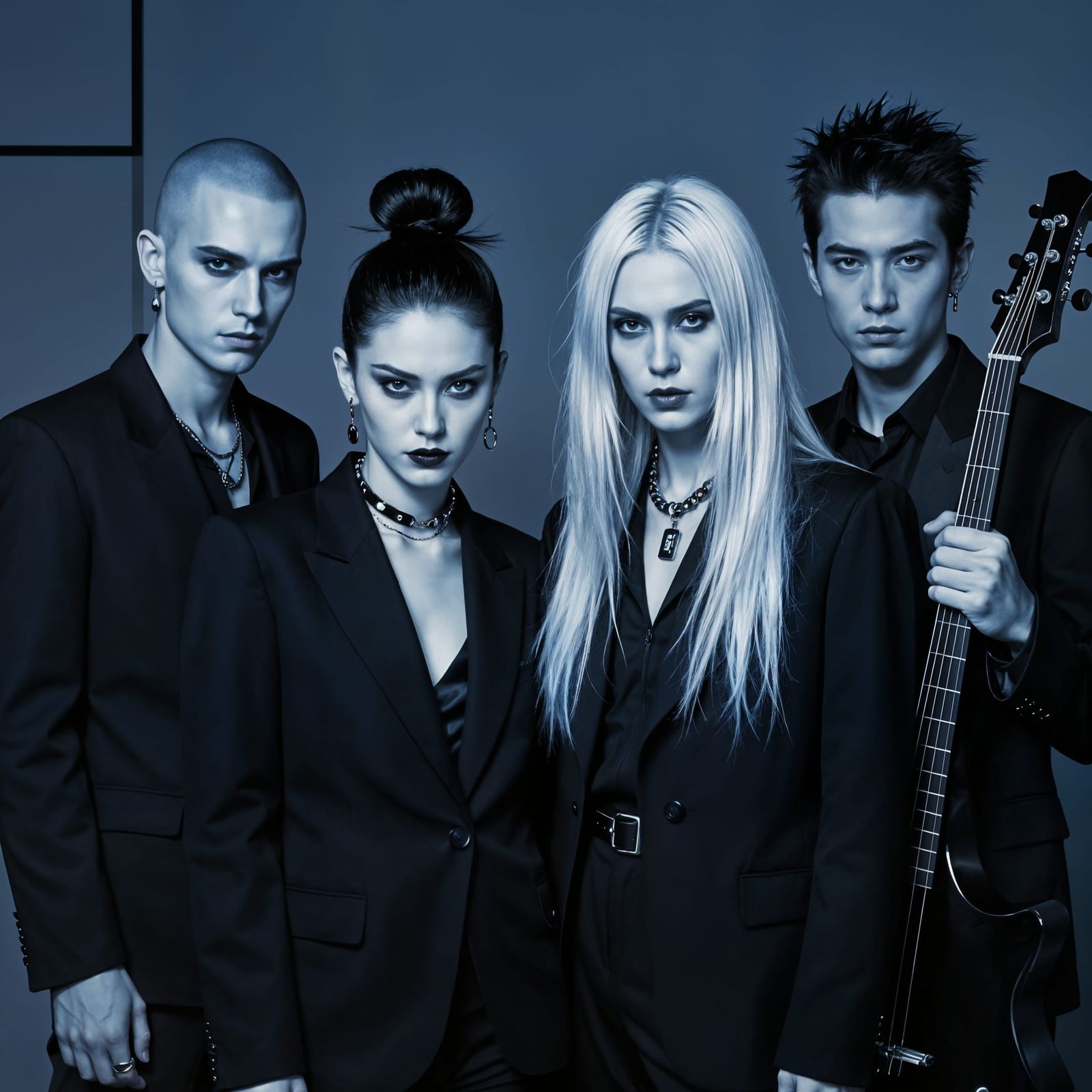 Monochromatic Portrait of Four Stylish Musicians in Blue Stu...