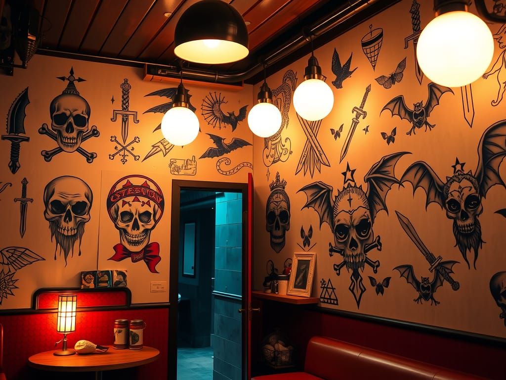 Tattoo Parlor with Skull, Dagger, and Bat Designs