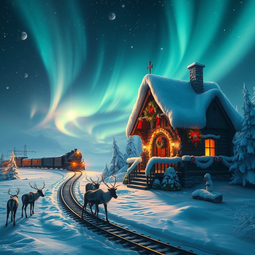 Winter Wonderland Scene with Santa's House and Aurora Boreal...