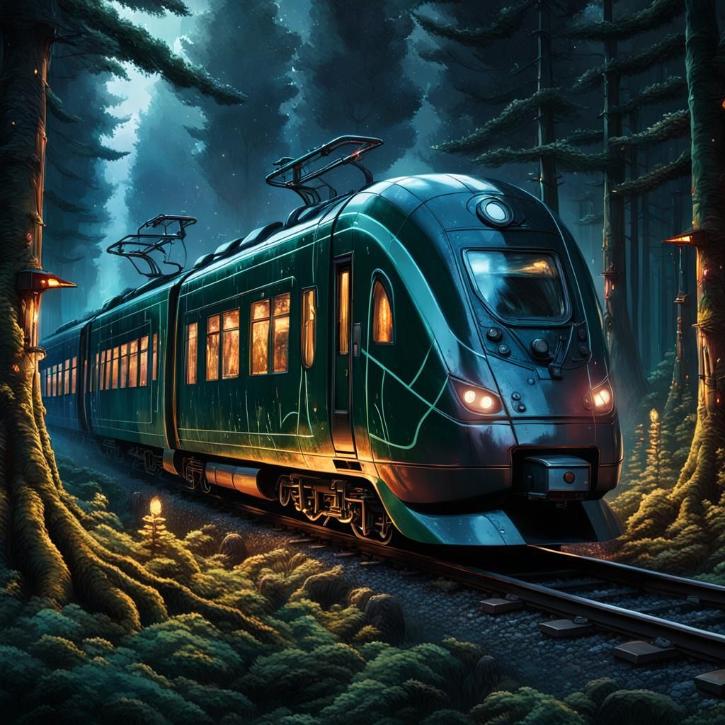 Futuristic Train Through Dark Elf Forest