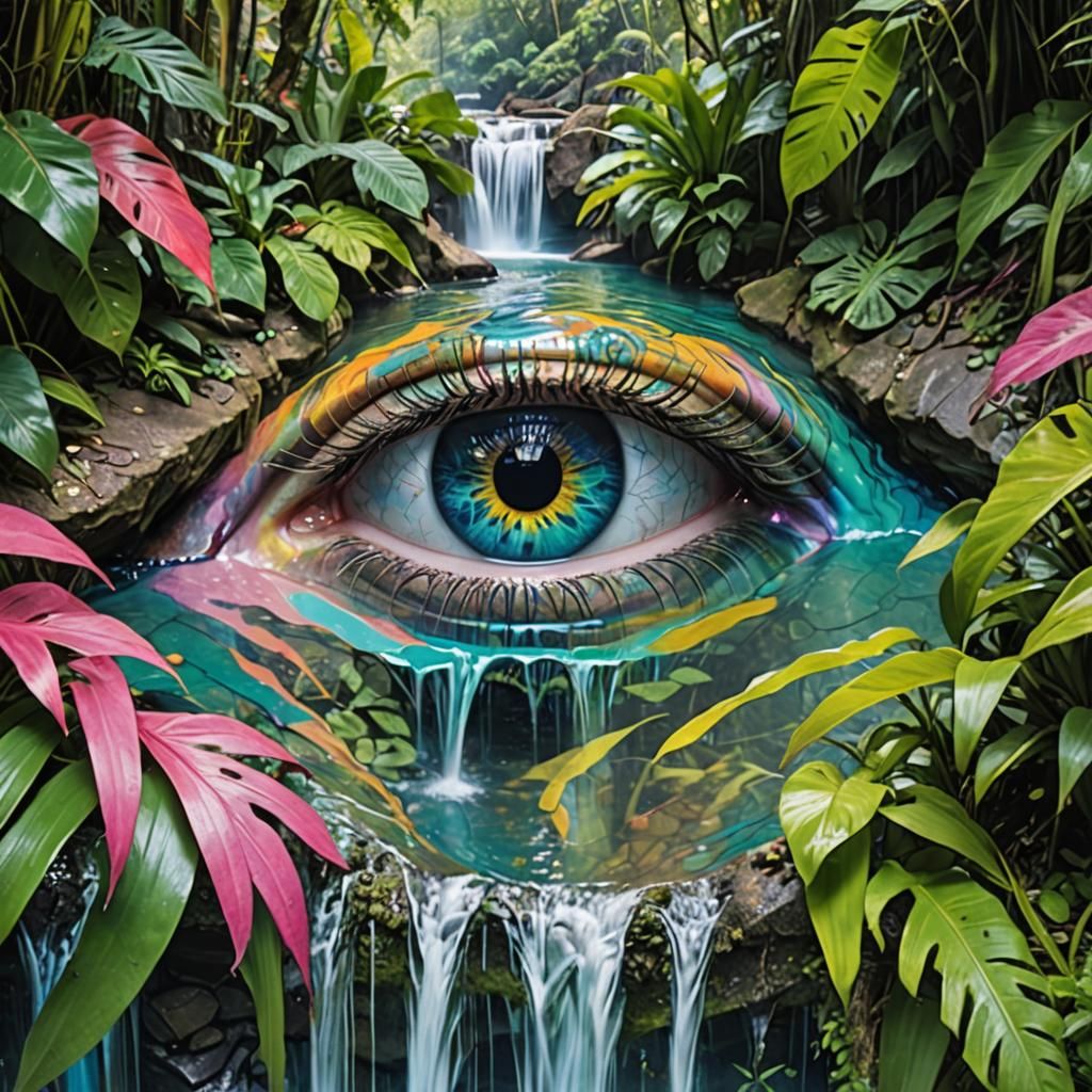 Jungle Waterfall Reflected in Eye: Pastel Colors