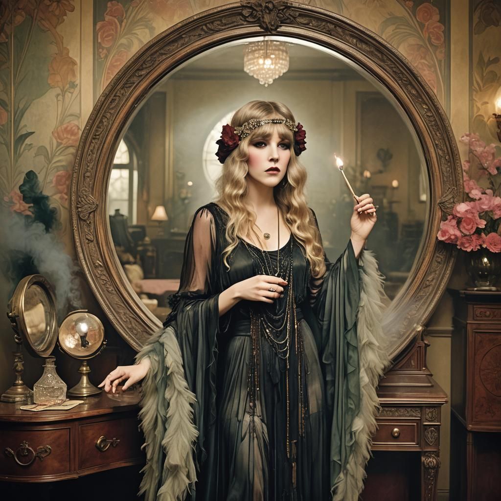 Flapper Witch Casting Spell in Mucha Style