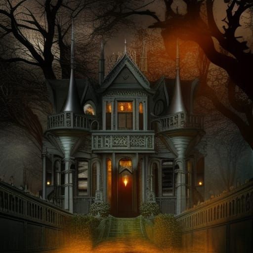 Haunted Castle in Mist: Spooky Art Nouveau Night