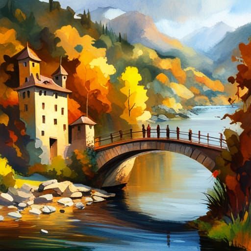 Golden Bridges: Hyperrealistic Gouache Style Painting