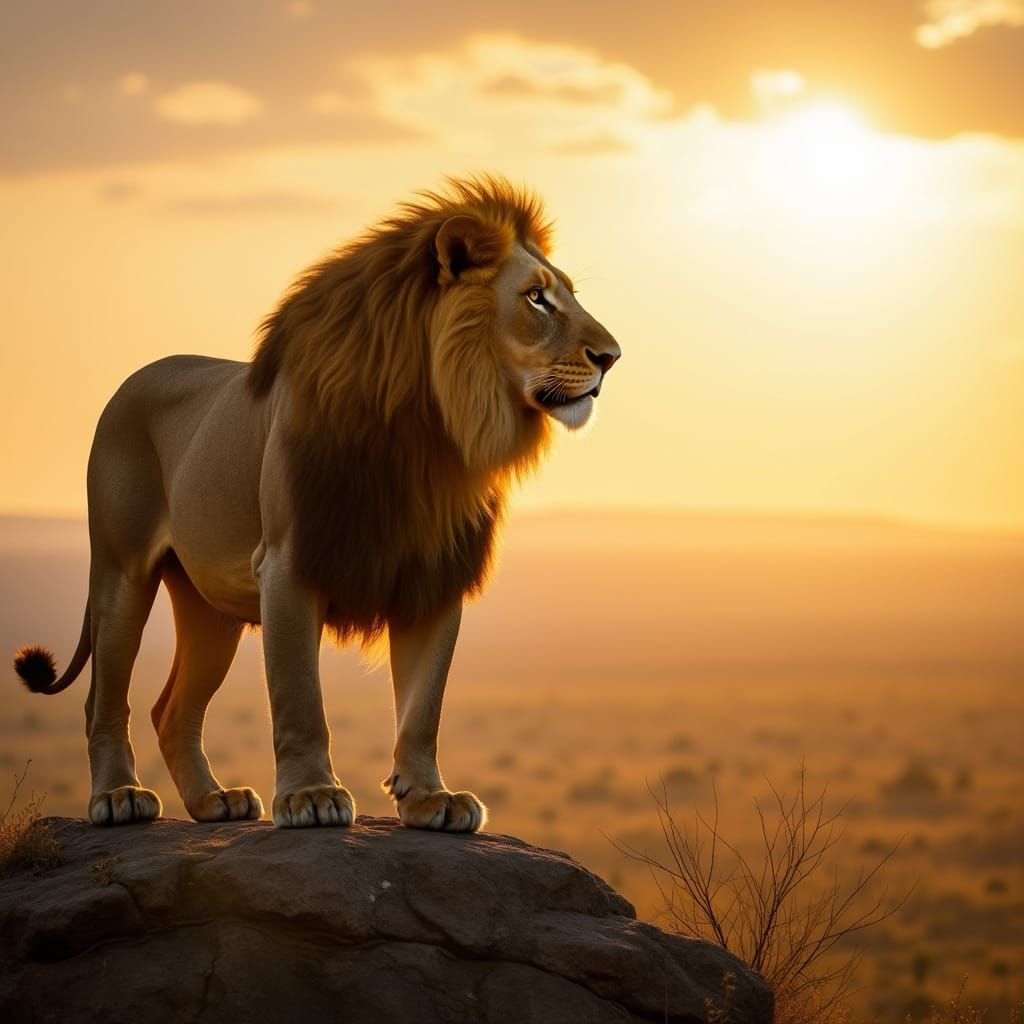 Majestic Lion Overlooking African Savanna at Sunset