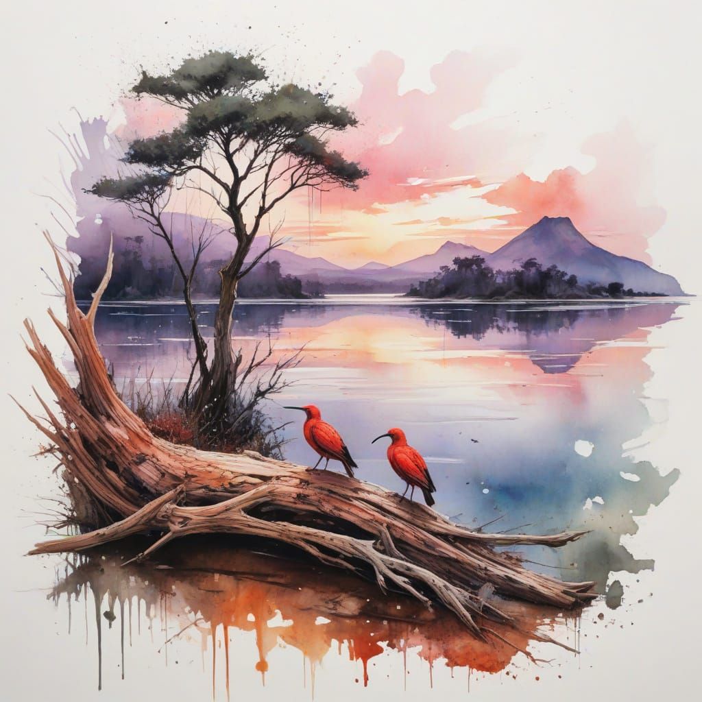 Mystical Volcanic Crater Lake with Scarlet Ibis