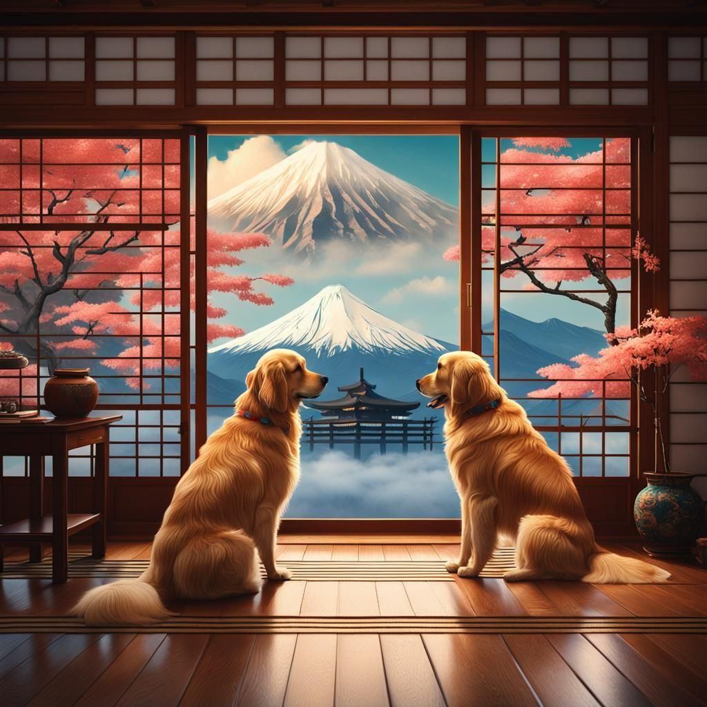 Golden Retrievers Gaze at Fuji: Fantasy Concept Art