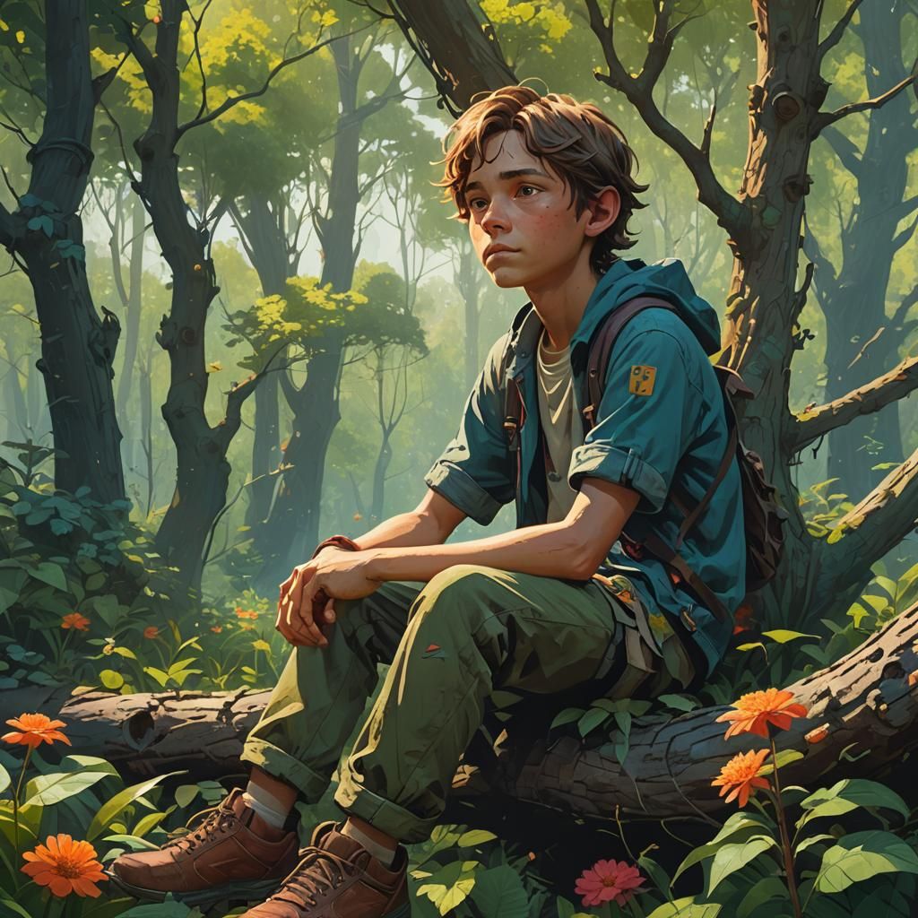 Boy Relaxing in Lush Forest, Digital Art