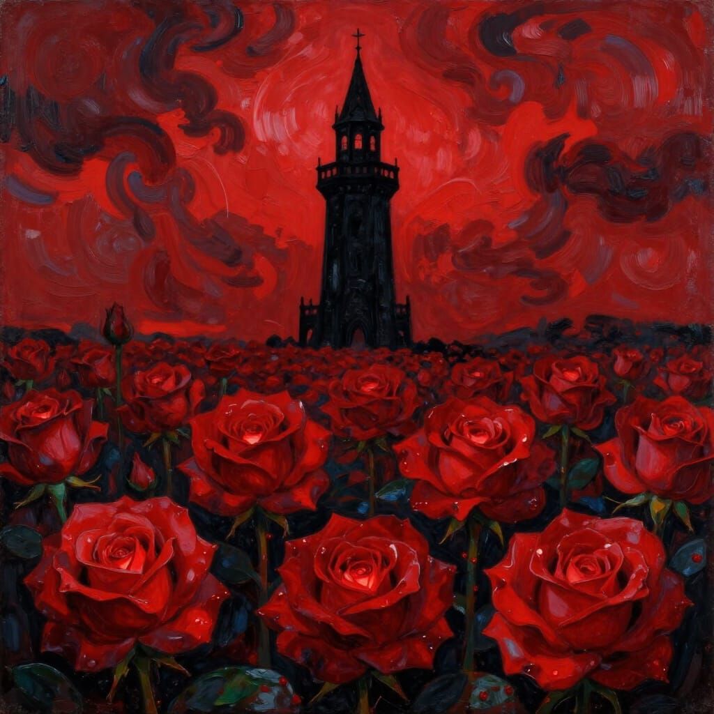 Ominous Black Tower Amidst Aggressive Crimson Roses