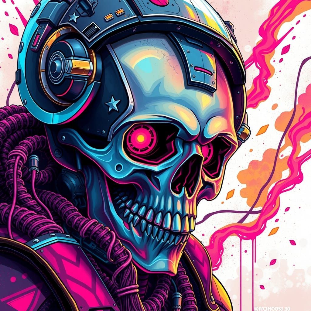 Cyberpunk Armored Skull: Vibrant Dark Fantasy Art