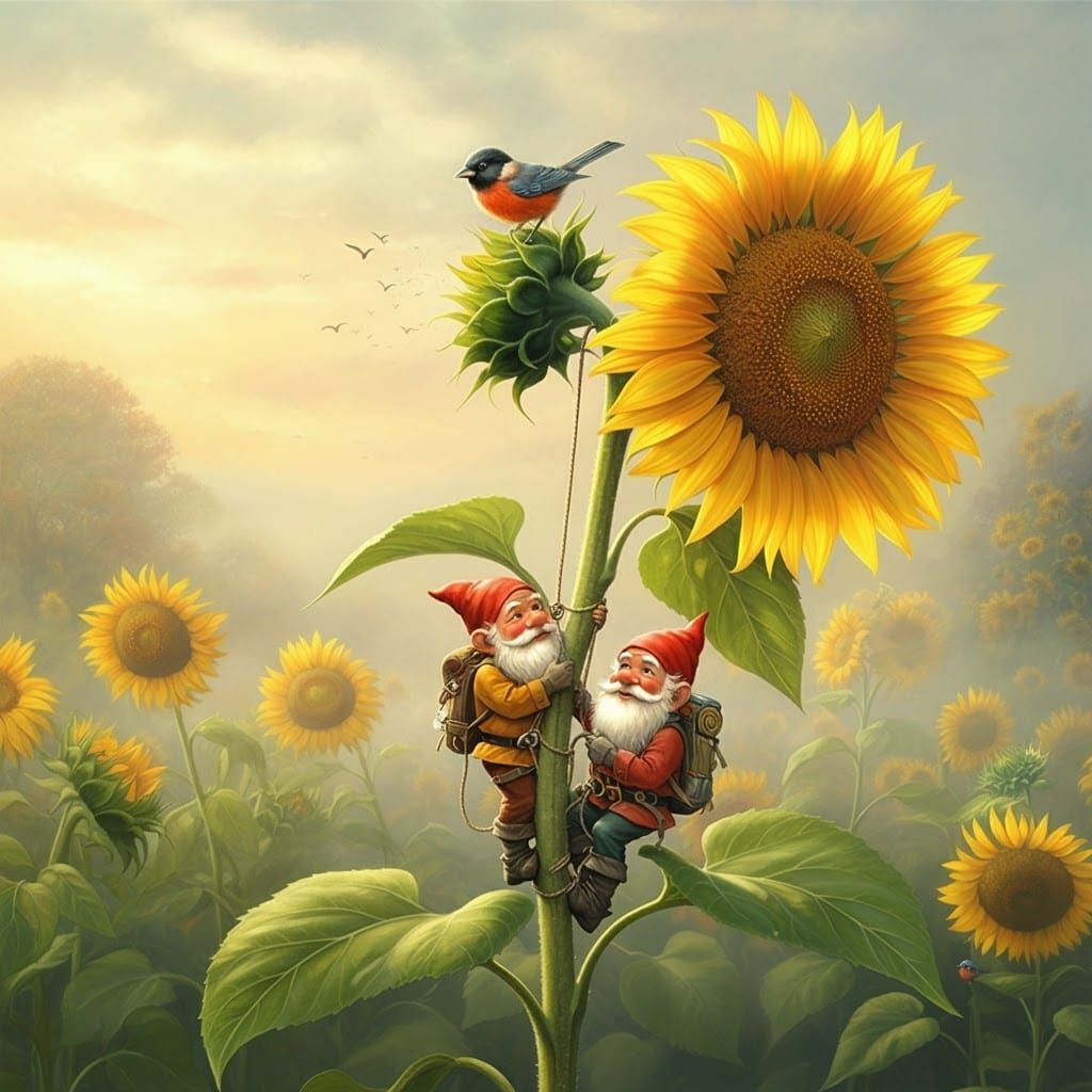 Gnomes Climb Sunflower in Whimsical Fantasy Painting