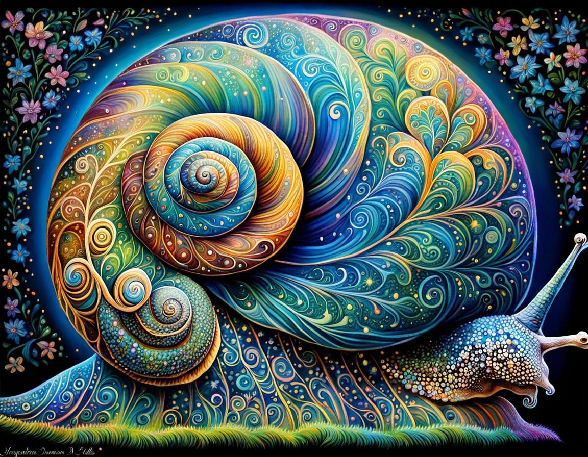Ornate Snail in Floral Garden, Fantasy Art