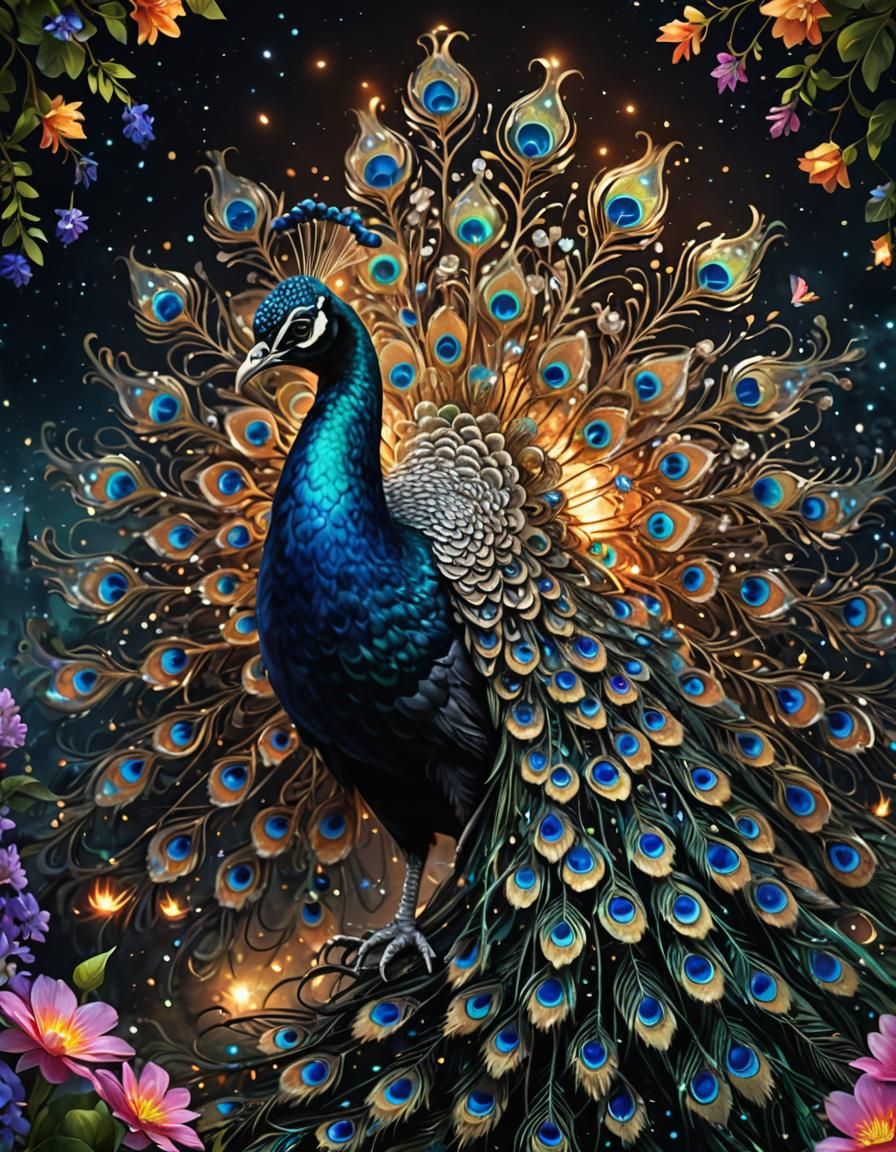 Iridescent Crystal Peacock in a Fantasy Nightscape
