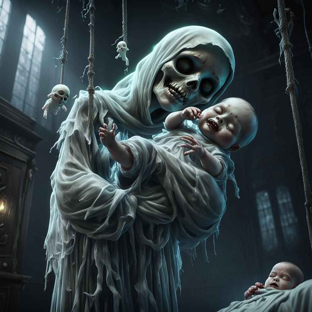 Eerie Ghostly Figure Over Sleeping Baby, 3D Render