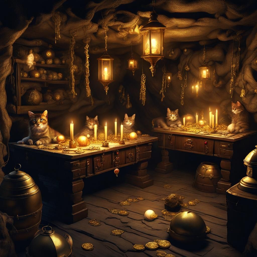 Pirate Cats' Treasure Cave: Dark Fantasy Concept Art