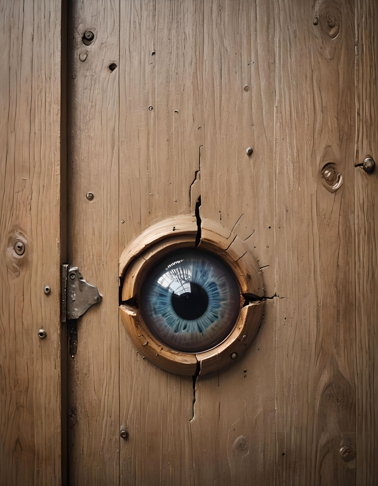 Surreal Macro: Eye Squeezing Through Wooden Door