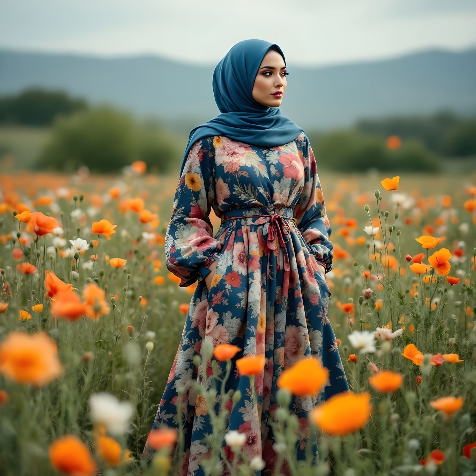 Colorful Hijabi Woman in Summer Landscape