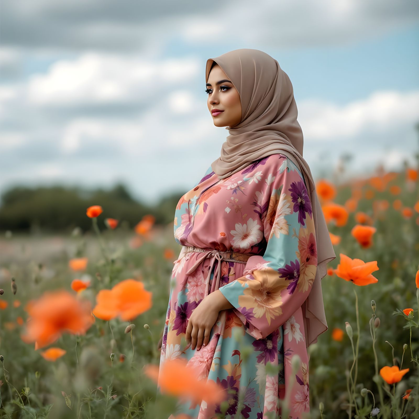 Curvy Woman in Abaya Amidst Summer Flowers